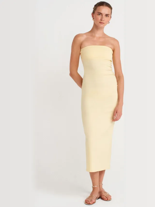 Dilvin Strapless Bodycon Midi-jurk met Split Geel