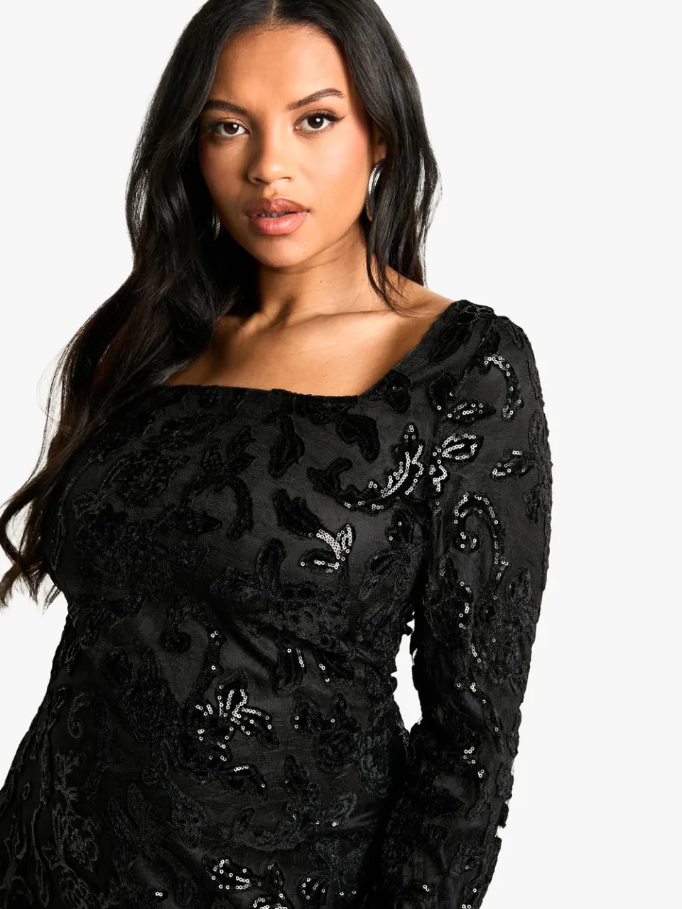 boohoo Dames Plus Demask Bodycon-jurk met vierkante hals zwart, foto 4