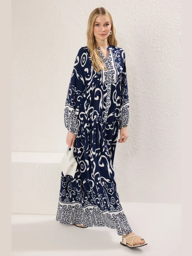 Trendyol Modest Dames Donkerblauw Etnisch patroon Maxi Lang Casual A-lijn Modest Jurken Indigoblauw