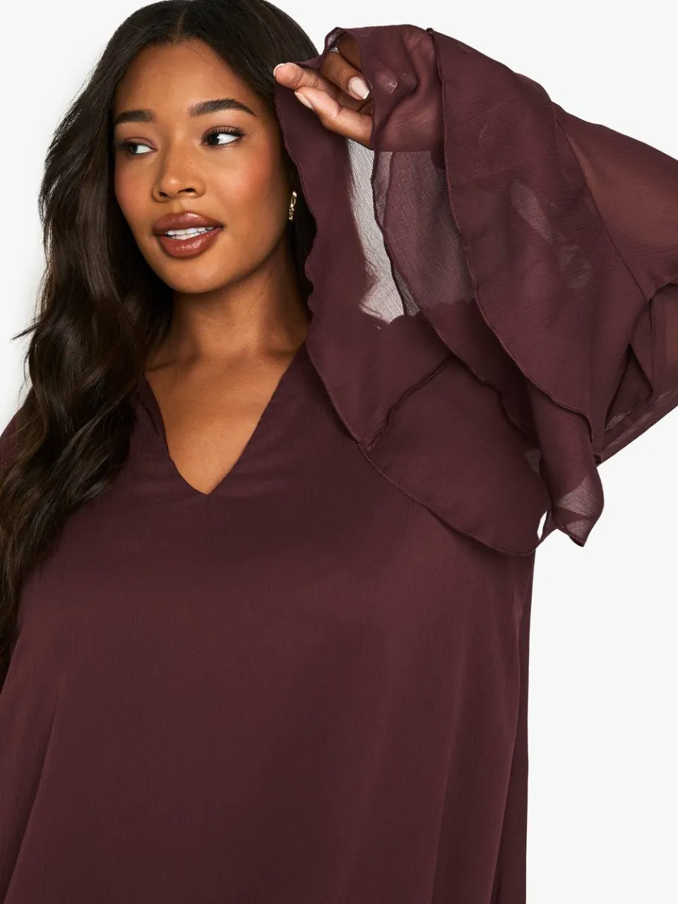 boohoo Dames Plus chiffon smock jurk met strik-hals pruim, foto 4