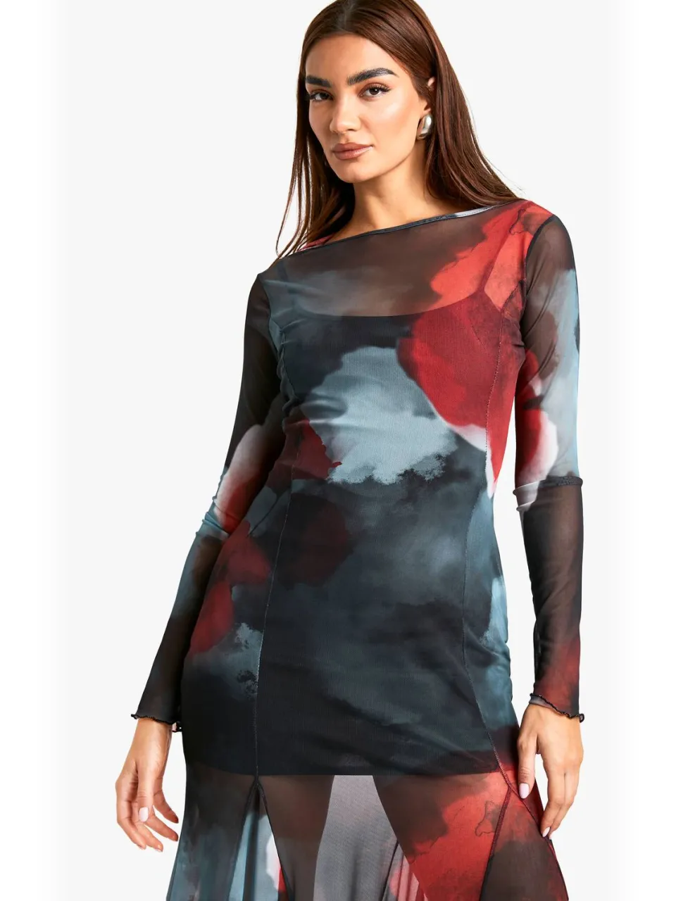 boohoo Dames Slash Neck Floral Mesh Print Godet Hem Midaxi-jurk grijs, foto 2