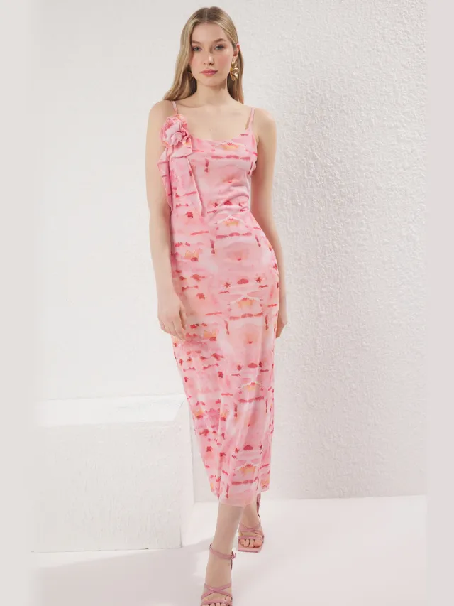 Trendyol TRENDYOLMİLLA Dames Roze Abstract Maxi Mouwloos Avond / Dagelijks Bodycon Jurken