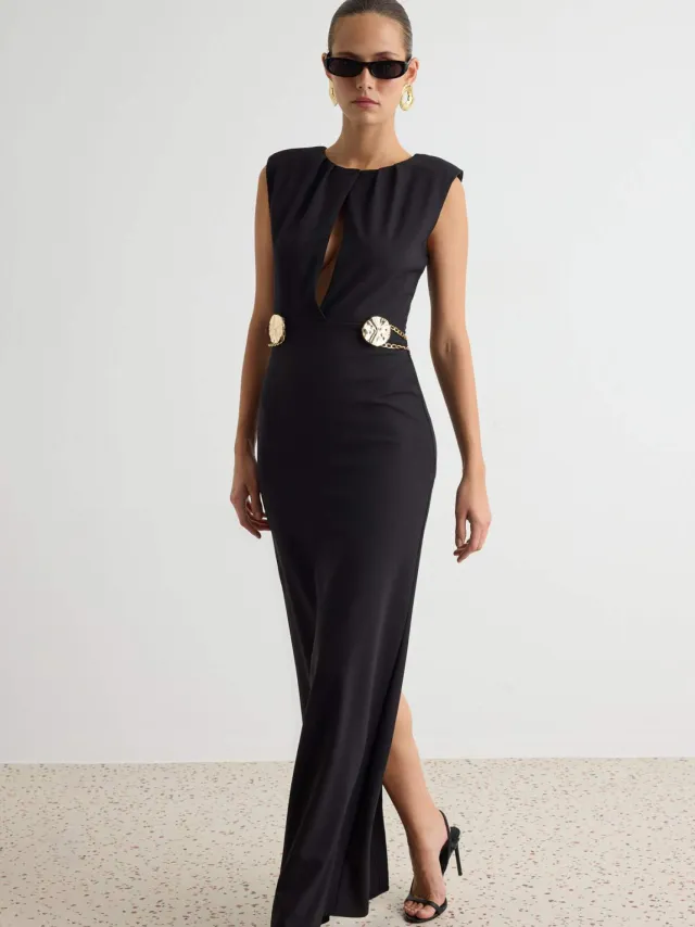 Trendyol TRENDYOLMİLLA Dames Zwart Effen Maxi Mouwloos Stijlvol/Avond Recht Avond & Gala Jurk