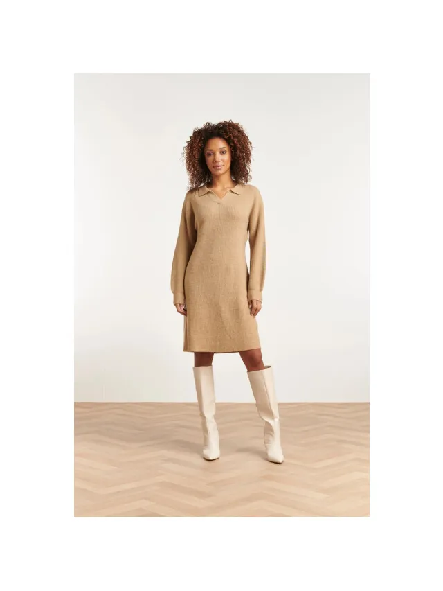 Smashed Lemon 23606 casual gebreide jurk met chique kraag Beige