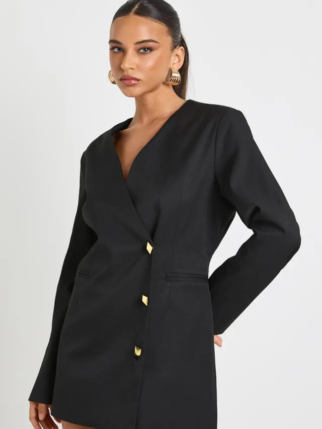boohoo Dames Gouden Knop Getailleerde Diepe V-hals Blazer Jurk Zwart