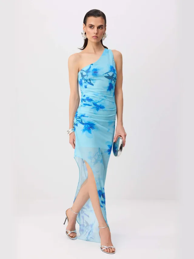 Trendyol TRENDYOLMİLLA Dames Blauw Bloemen Maxi Mouwloos Asymmetrisch Avond & Gala Jurk