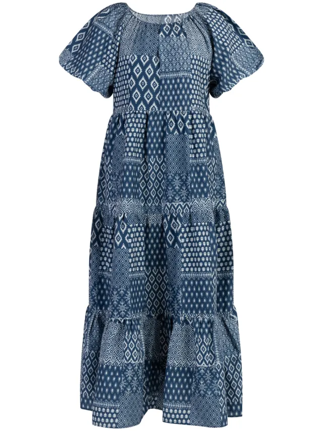 DREIMASTER Maxi-jurk met korte mouwen Dames Donker marineblauwe print, foto 2