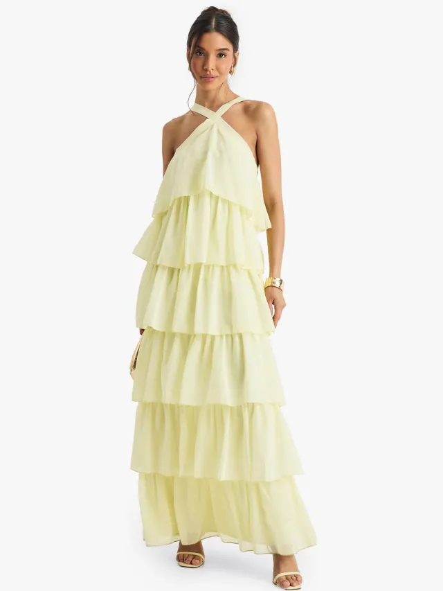 boohoo Dames Chiffon Gelaagde Halterneck Maxi Jurk Citroen