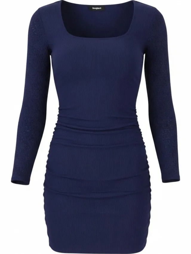 Desigual Praga Damesjurk Donkerblauw Ronde Hals Lange Mouw Getailleerd Mini