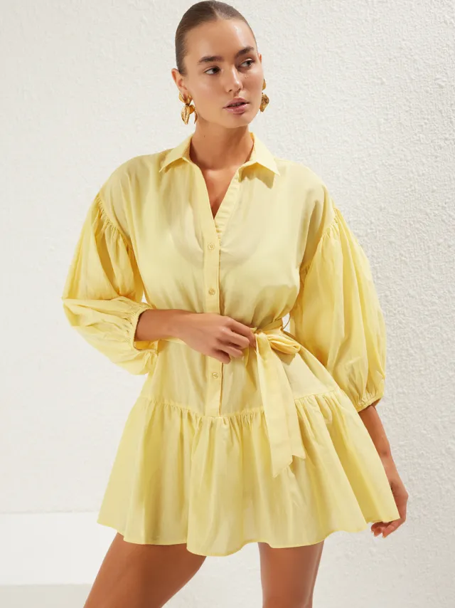 Trendyol TRENDYOLMİLLA Dames Geel Effen Extra Kort / Super Mini Driekwart mouw Strandkleding Skater Strandjurken