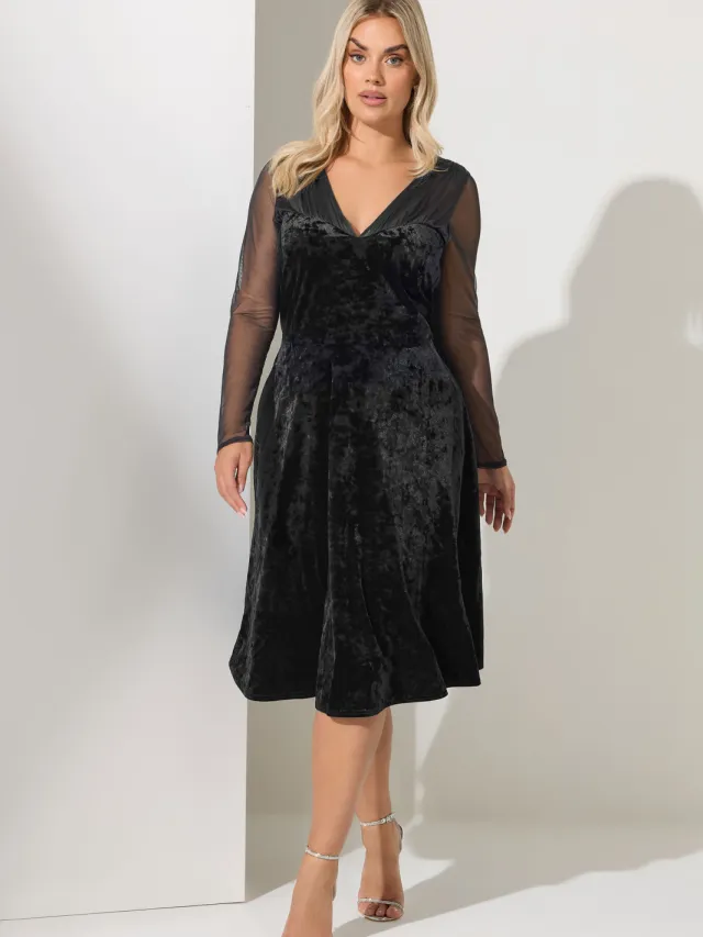 Yours London Zwarte Fluwelen Mesh Mouw Skaterjurk Black