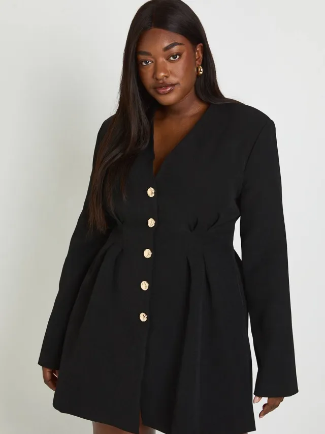 boohoo Dames Plus Lange Mouwen Kraagloze Getailleerde Mini Jurk Zwart