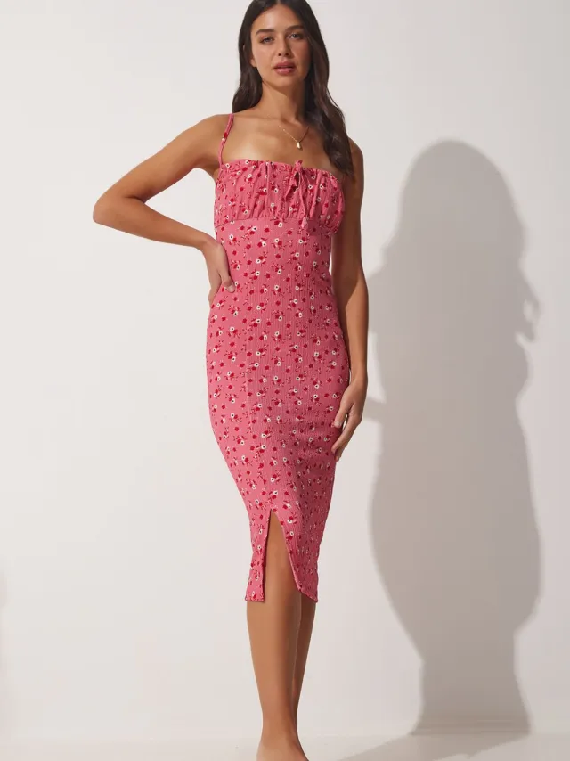 Happiness Istanbul Bloemige Bodycon Midi-jurk met Splits roze, foto 2