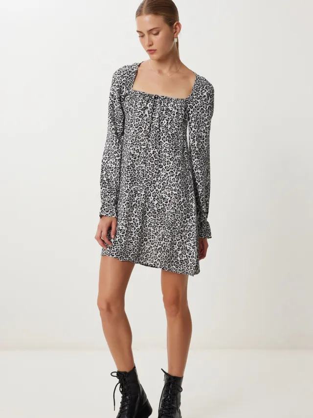 Happiness Istanbul Leopardprint A-lijn Mini-jurk met Strikdetail Zwart