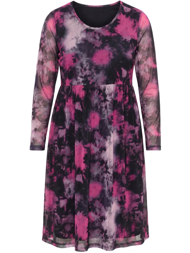 MIAMODA Dames - Midi-jurk van mesh A-lijn batikpatroon onderjurk - Hibiscusrood