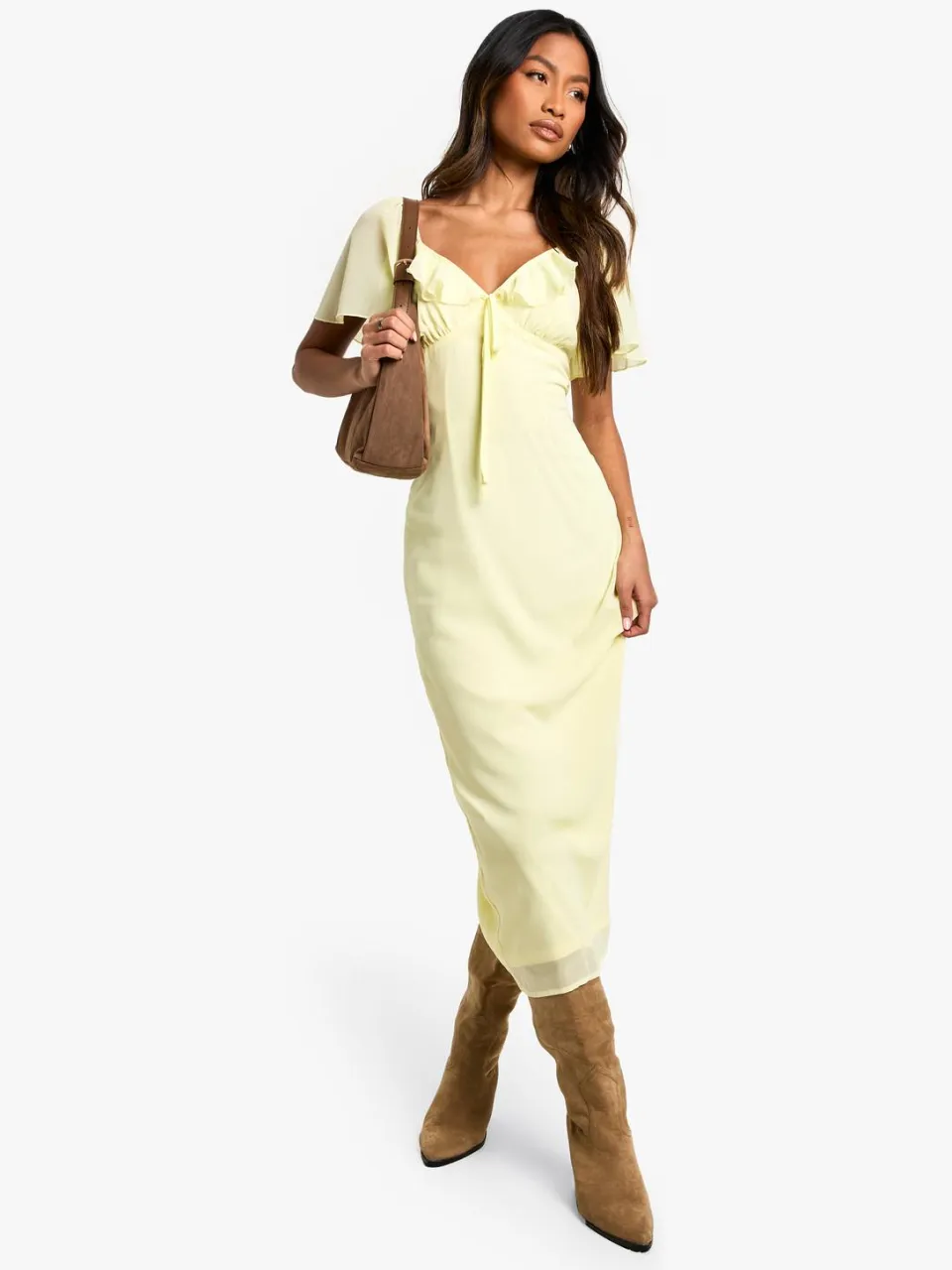 boohoo Dames Angel Sleeve Chiffon Midaxi Jurk citroen, foto 2