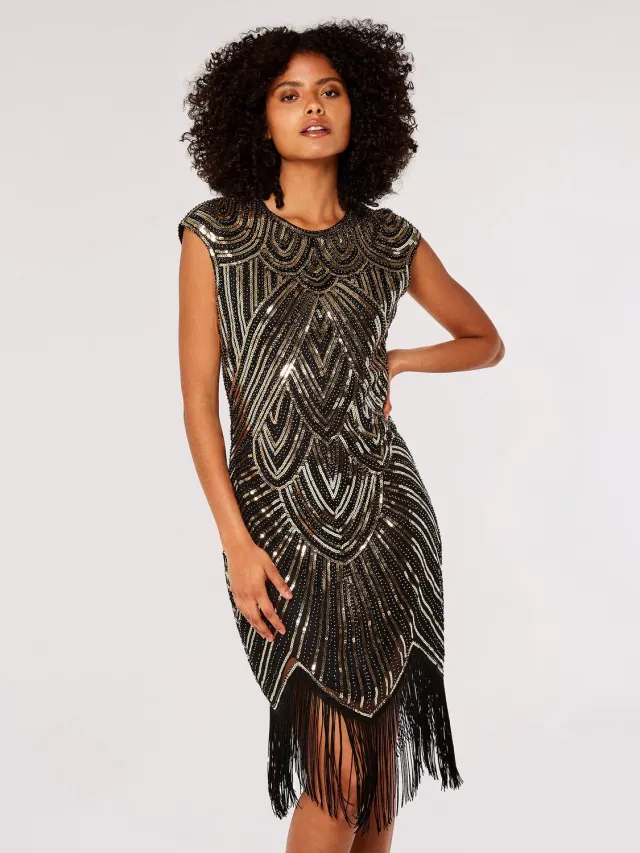 Apricot Art Deco Sequin Fringe Mini Dress Zwart