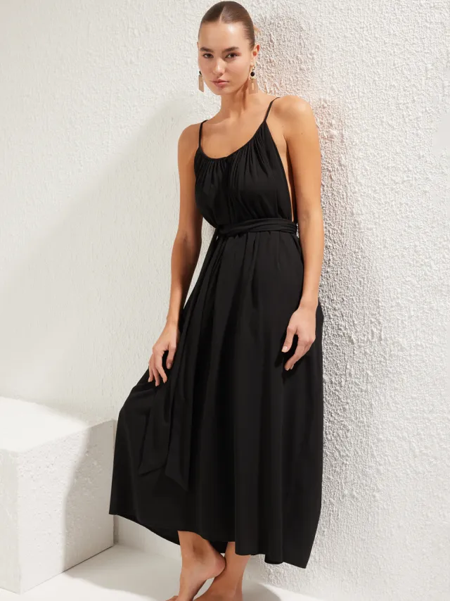 Trendyol TRENDYOLMİLLA Dames Zwart Effen Maxi Mouwloos Strandkleding Getailleerd Jurken