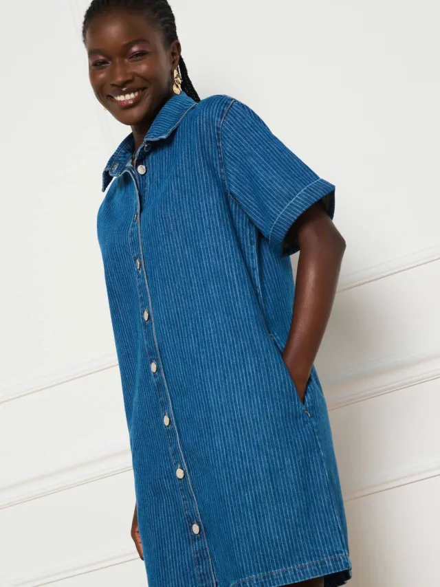 LOLALIZA spijkerjurk met krijtstreep - medium blauw denim, foto 4