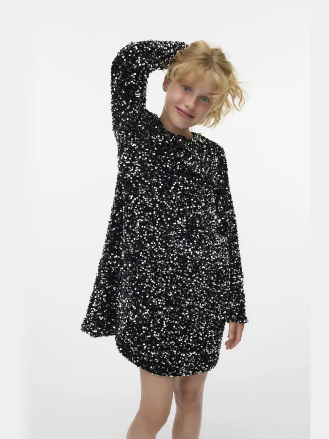 Vero Moda Girl A-lijn jurk met pailletten zwart/zilver