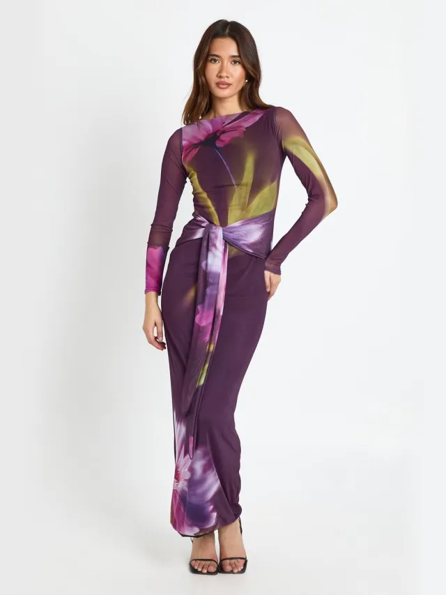 boohoo Dames Maxi-jurk met knoopdetail en lange mouwen Pruim