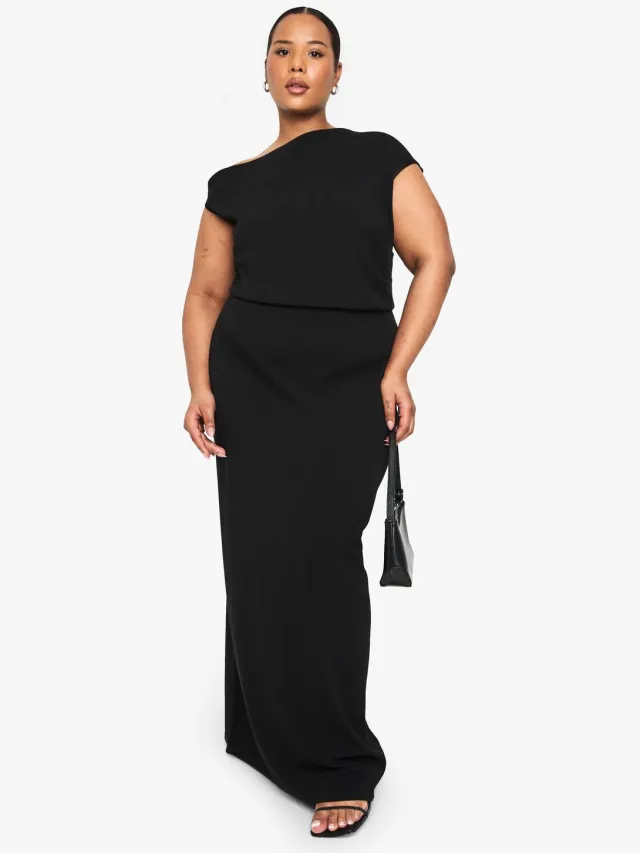 boohoo Dames PLUS GERAAFFELDE ASYMmetrische MAXI-JURK Zwart
