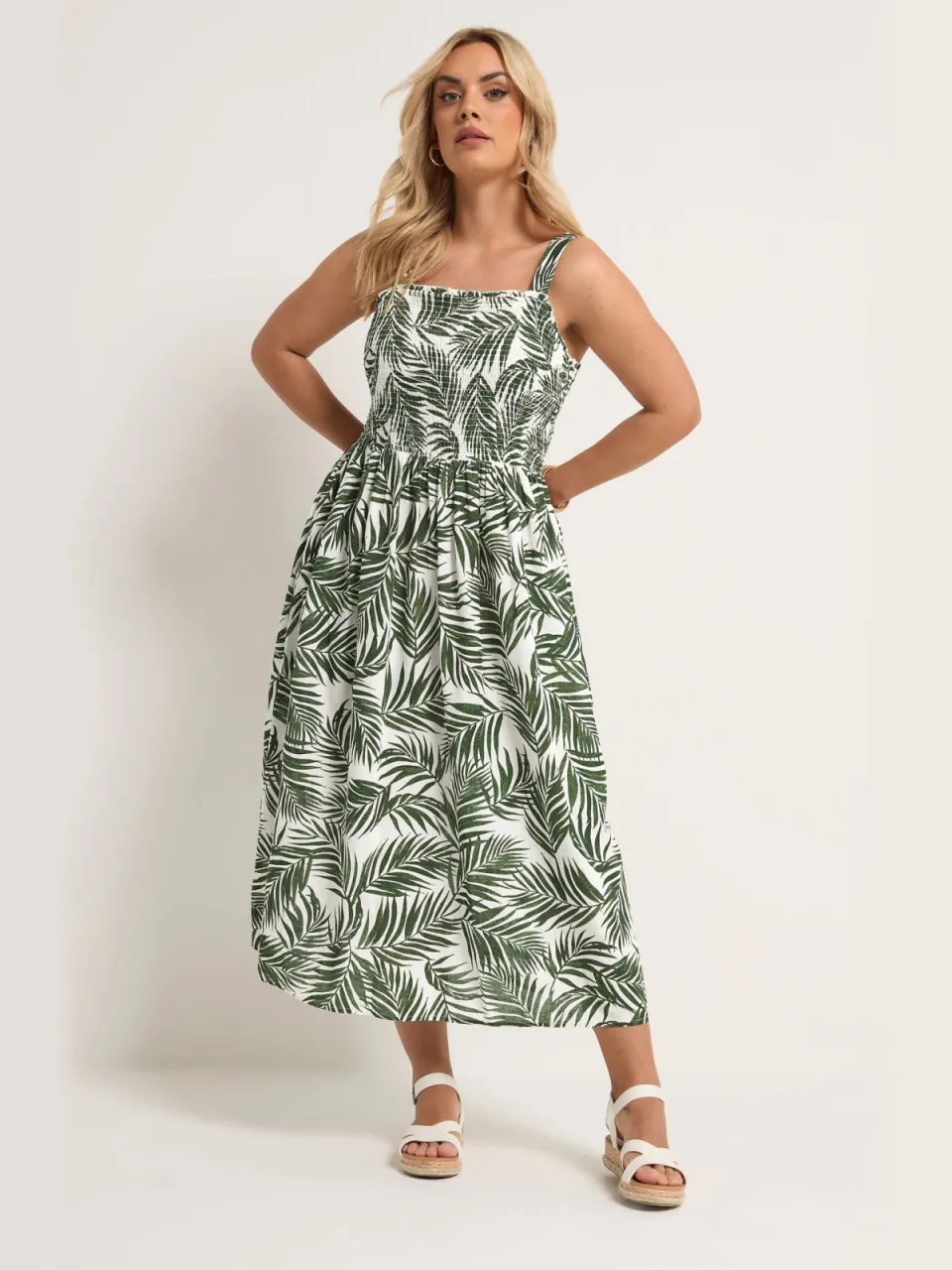Yours Groene Linnen Maxijurk Met Smokwerk En Palmbladprint, foto 3