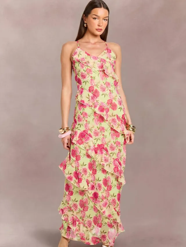 boohoo Dames Chiffon Pastel Bloemenprint Maxi Jurk Met Ruche Details Zachte Limoen