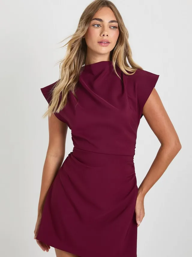 boohoo Dames Geraffelde shiftjurk met hoge hals en capmouwen Bordeaux Rood