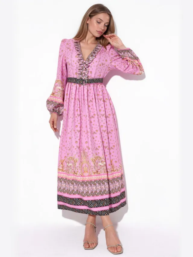 MSN Collection Florale Maxi Jurk met Ceintuur Veelkleurig