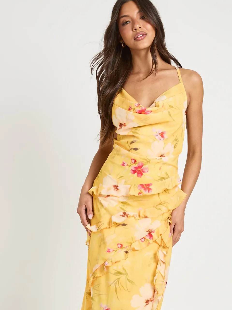boohoo Dames Chiffon Bloemen Cowl Hals Ruche Detail Maxi Jurk oranje, foto 3