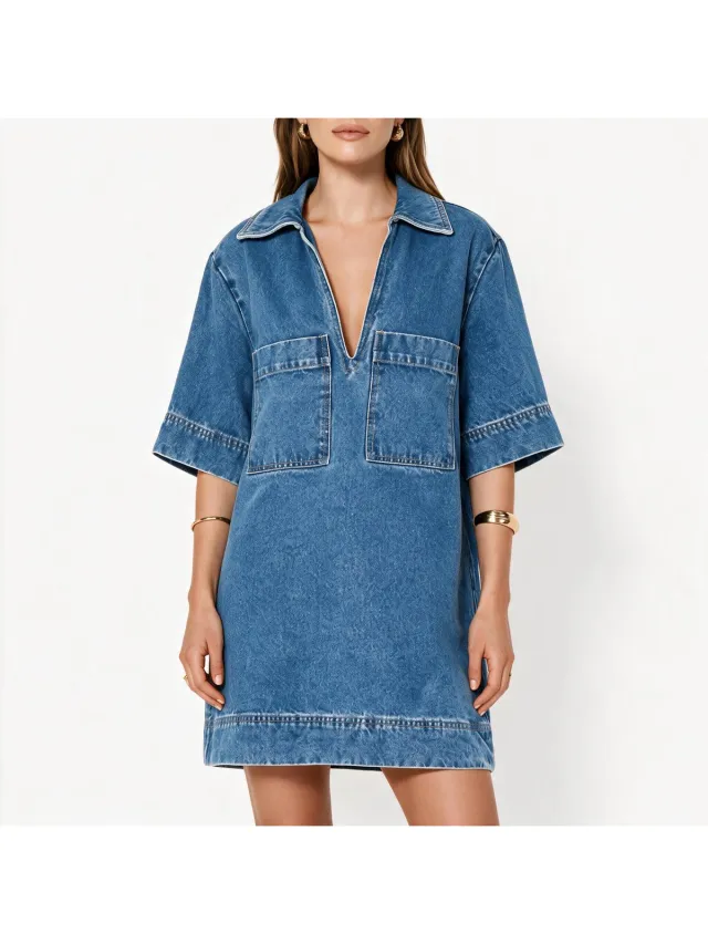 Imily Bela Dames Denim Mini Jurk met Kraag en Korte Mouwen Lichtblauw
