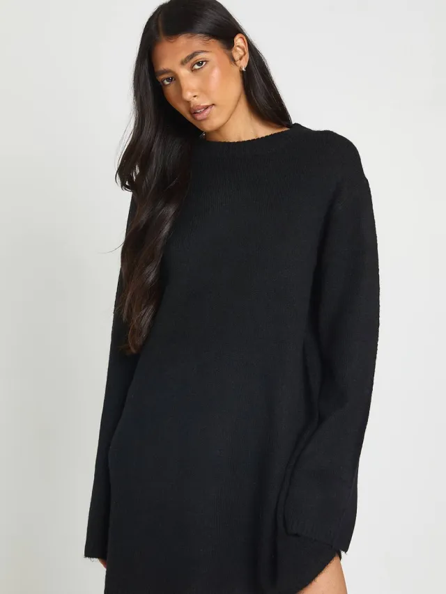 boohoo Dames Tall Gebreide Mini-jurk Met Ronde Hals En Uitlopende Mouwen Zwart