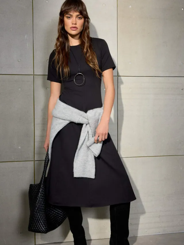 Trendyol TRENDYOLMİLLA Dames Zwart Effen Midi Kort Casual Skater Jurken, foto 2