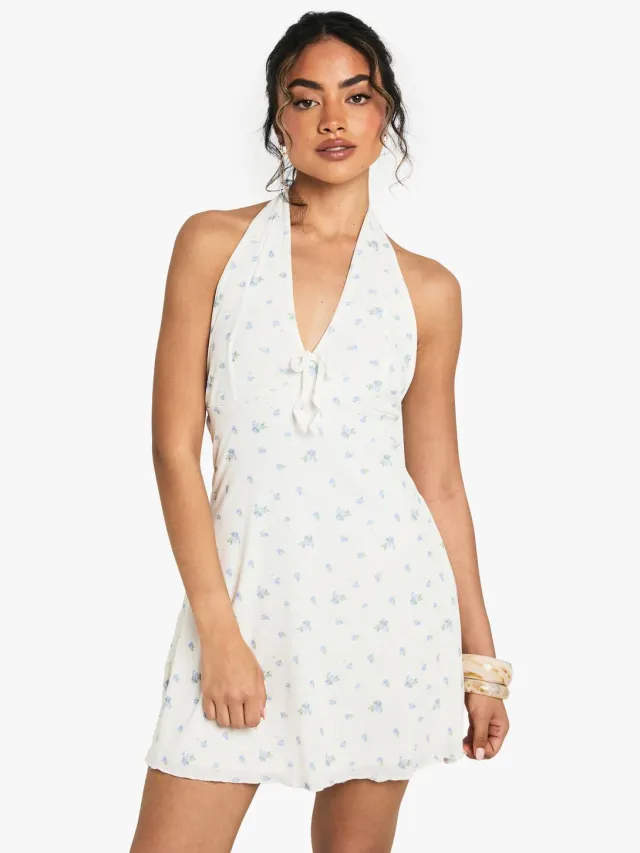boohoo Dames Ditsy Bloemenkant Halter Mini Jurk Wit