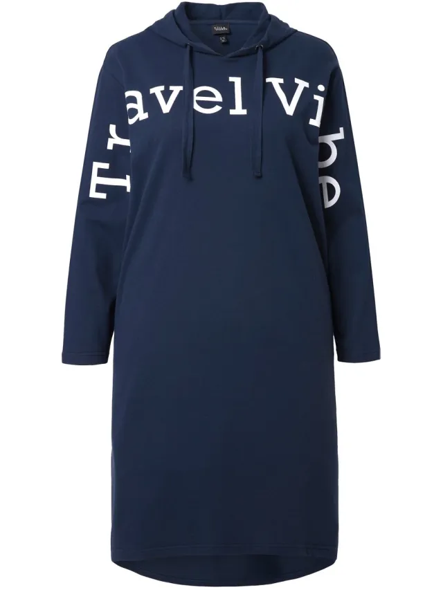 Ulla Popken Dames - Sweat midi-jurk opschrift capuchon lange mouw - Marine - Maat 50+