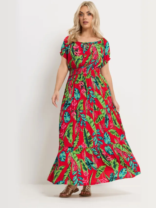 Yours Rood Tropisch Strik Bardot Maxi Jurk-60 Red