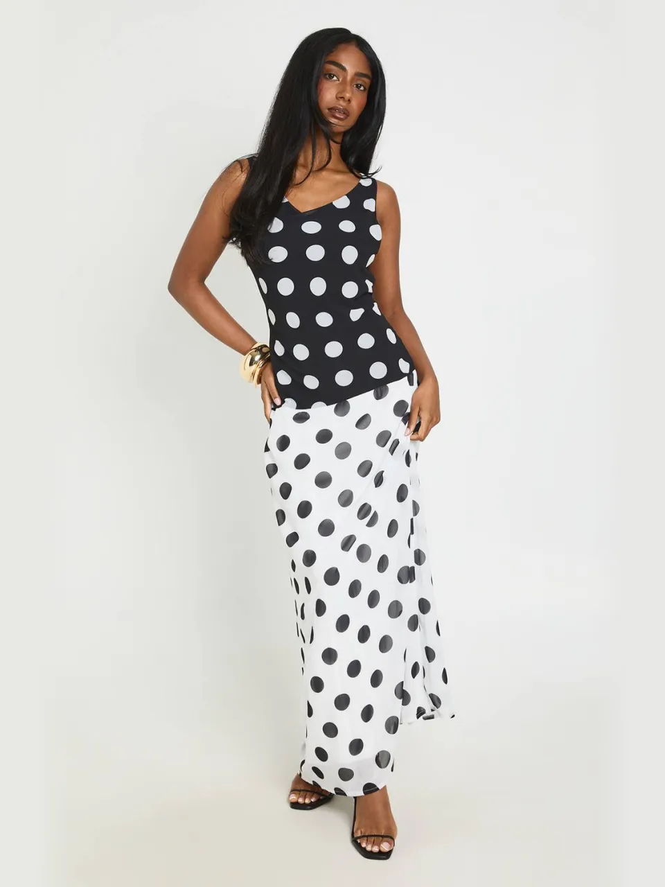 boohoo Dames Polkadot Mono Split Maxi Jurk Met Waterval Rug zwart, foto 2