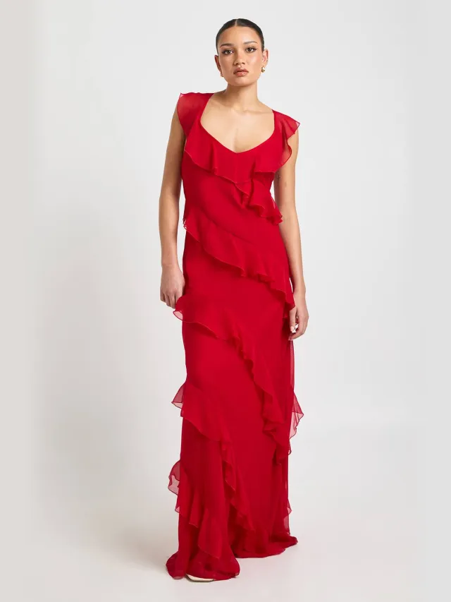 boohoo Dames Chiffon Ruches Fit & Flare Bandjes Maxi Jurk Rood