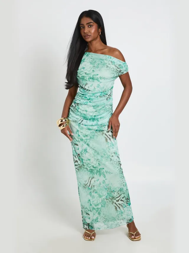 boohoo Dames Maxi Jurk Met Gemengde Dierenprint En Mesh Stof Met Off-shoulder Hals Aqua