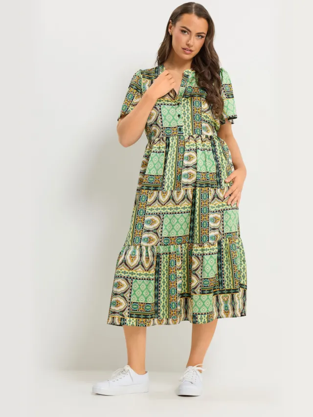 Yours Groene Patchwork Jurk Met Halve Knoopsluiting Green