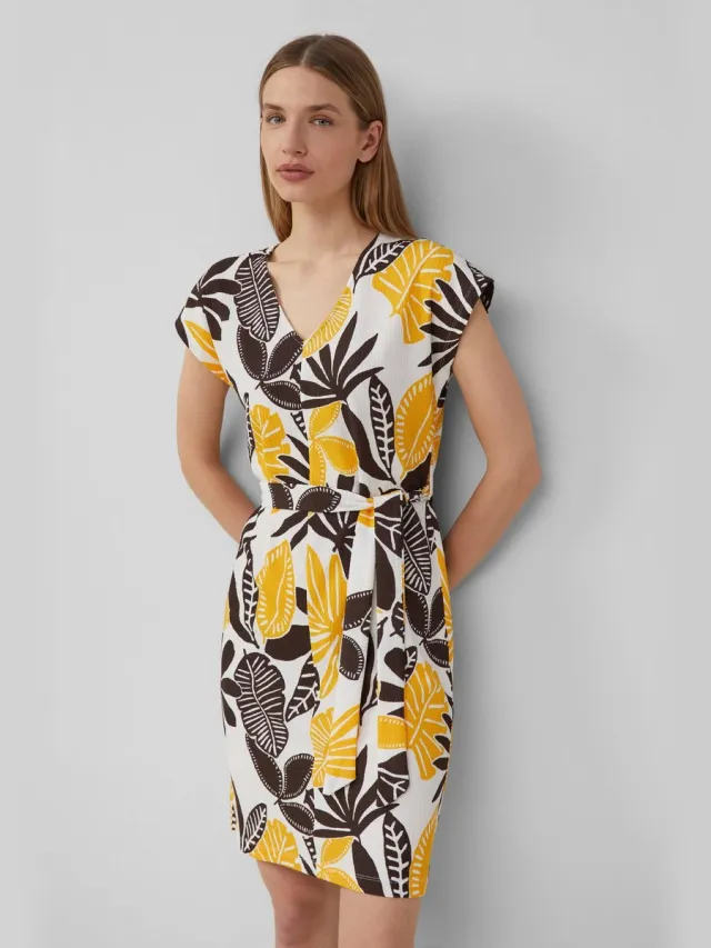 S.Oliver female - Gestructureerde jersey jurk met print all-over en riem ecru