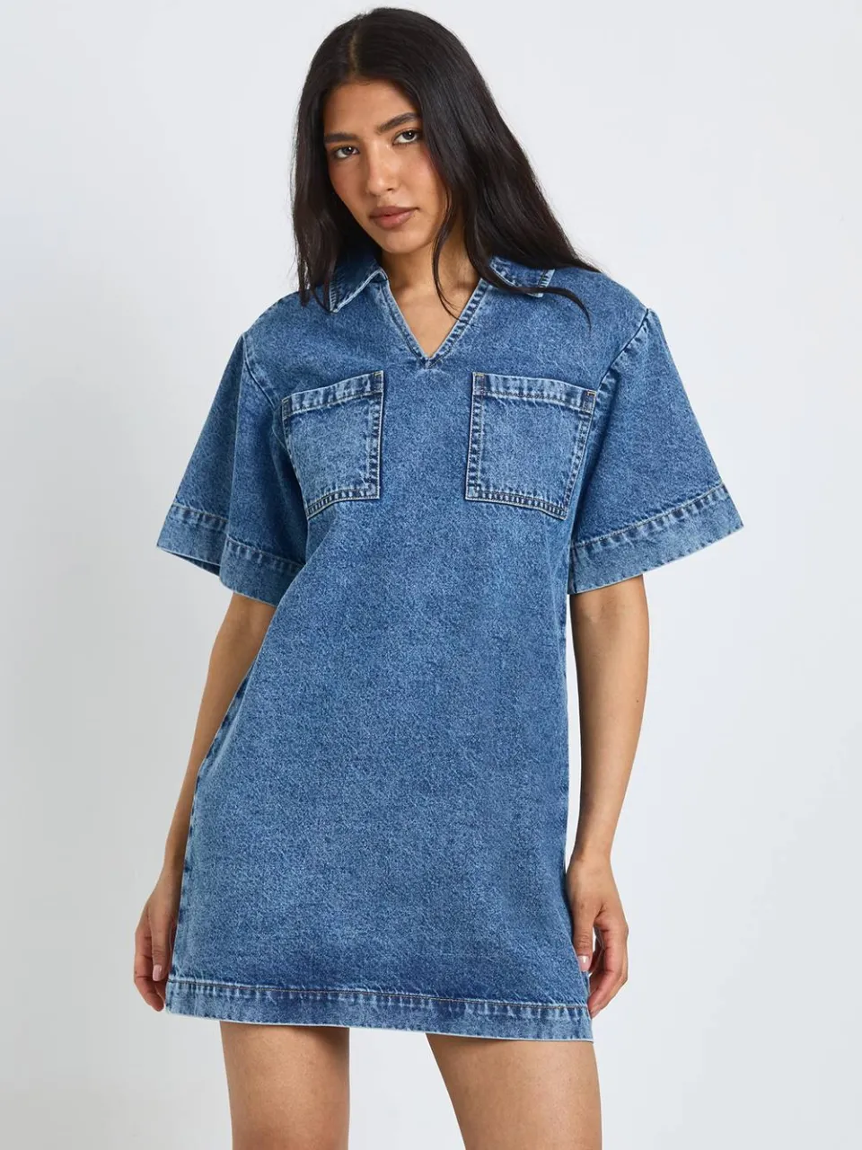 boohoo Dames Lang Boxy Denim Jurk Met Korte Mouwen, foto 3