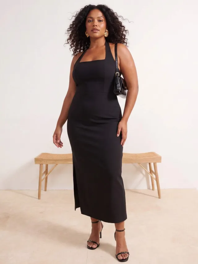 Trendyol Curve Dames Zwart Effen Midi Mouwloos Feest Skater Grote maten Jurk