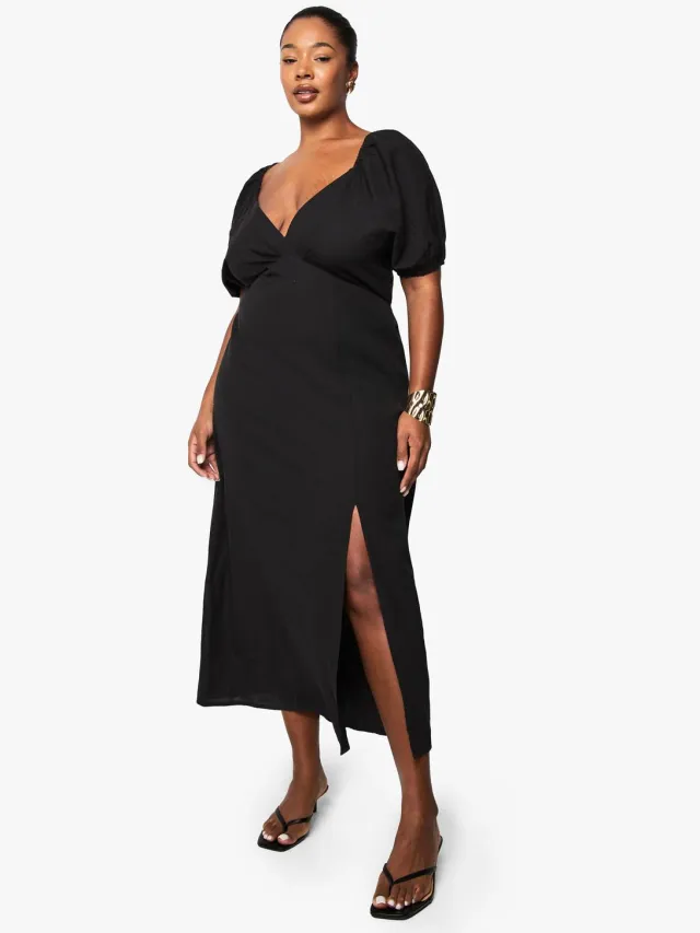 boohoo Dames Plus linnen-look midaxi-jurk met strik aan de achterkant en pofmouwen Zwart