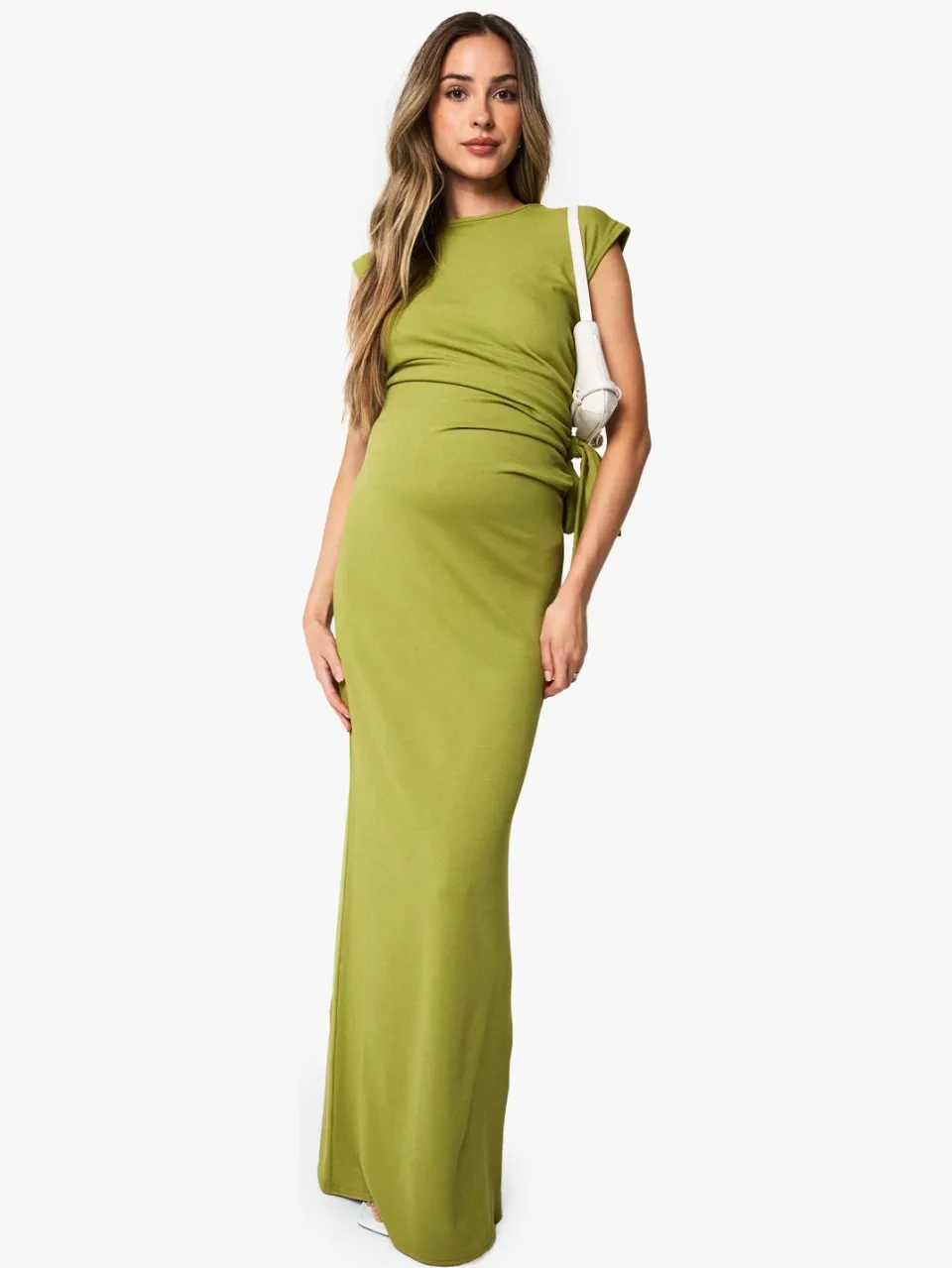 boohoo Dames Zwangerschapsjurk met geribbelde strikdetail maxi jurk Olijf