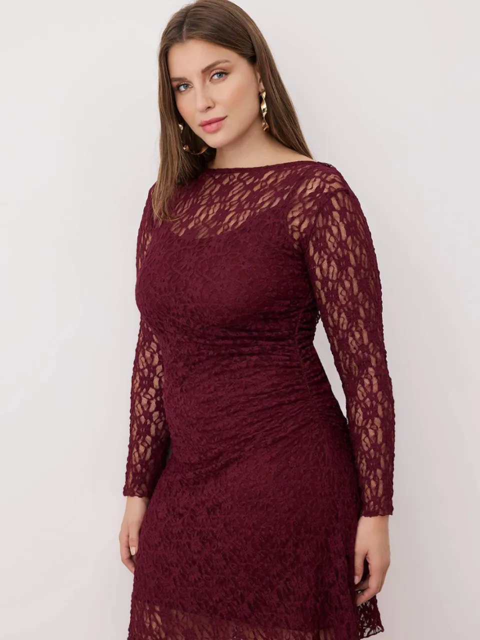 Trendyol Curve Dames Paars Effen Kort / Mini Lang Casual A-lijn Grote maten Jurk Rood