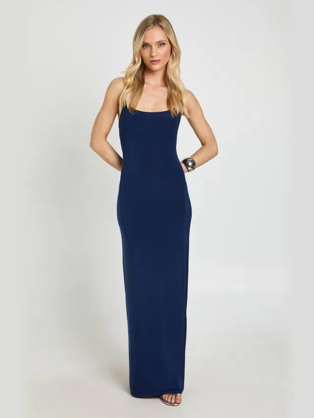 boohoo Dames Petite Maxi-jurk Met Ronde Hals En Smalle Bandjes Marineblauw