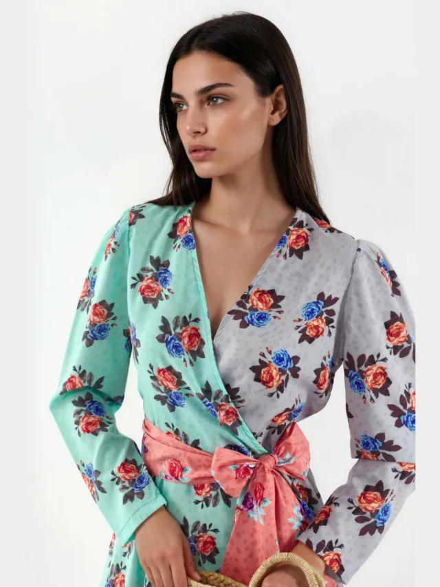 MSN Collection Bloemen Chiffon Wikkel Mini Jurk veelkleurig, foto 2