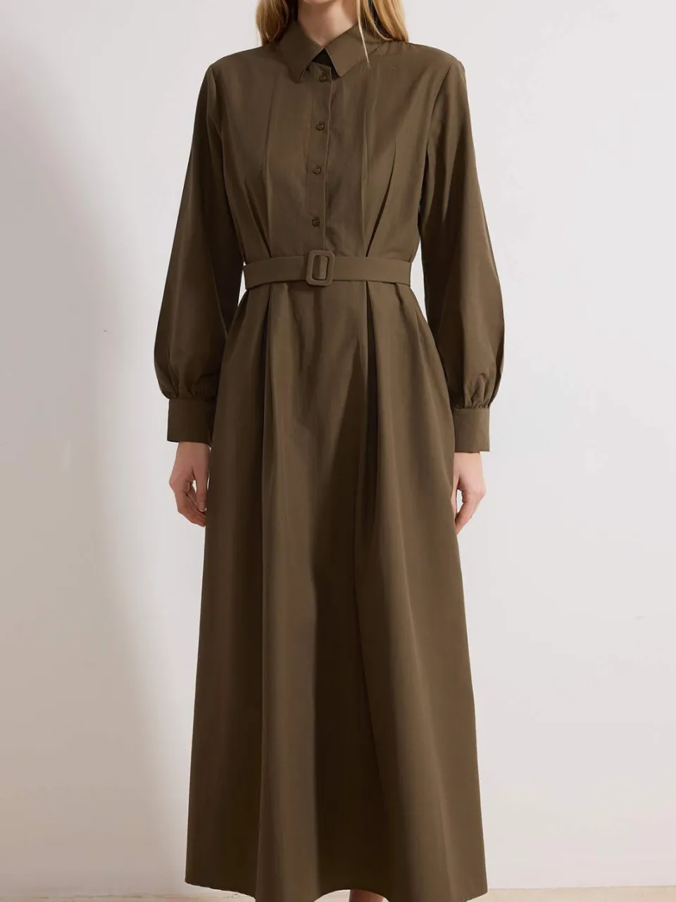 Trendyol Modest Dames Kaki Effen Maxi Lang Casual Blousejurk Modest Jurken, foto 2